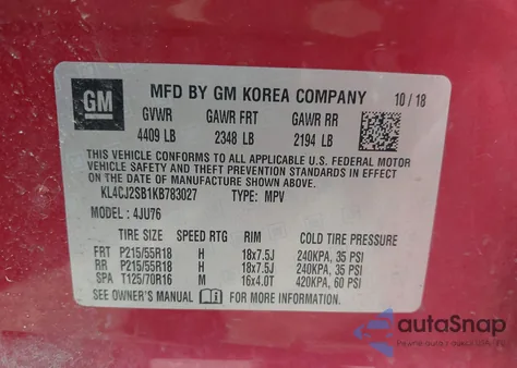 2019 Buick Encore Awd Sport Touring z USA, uszkodzony, nr VIN KL4CJ2SB1KB783027